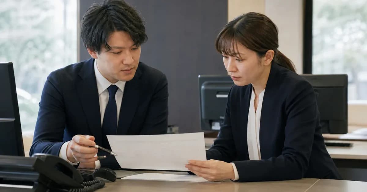 ホテルの事務所で書類を確認しながら相談する2人のスタッフ