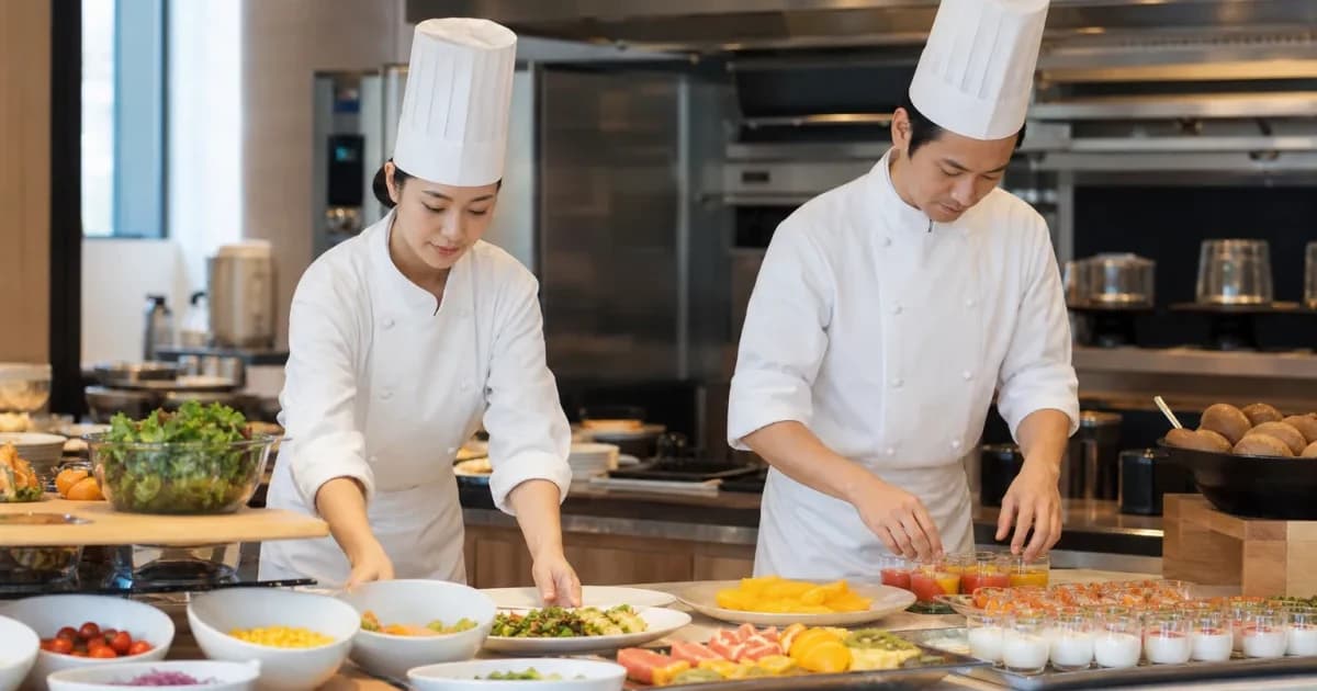 ホテルの朝食ブッフェで料理を仕上げる2人の調理スタッフ