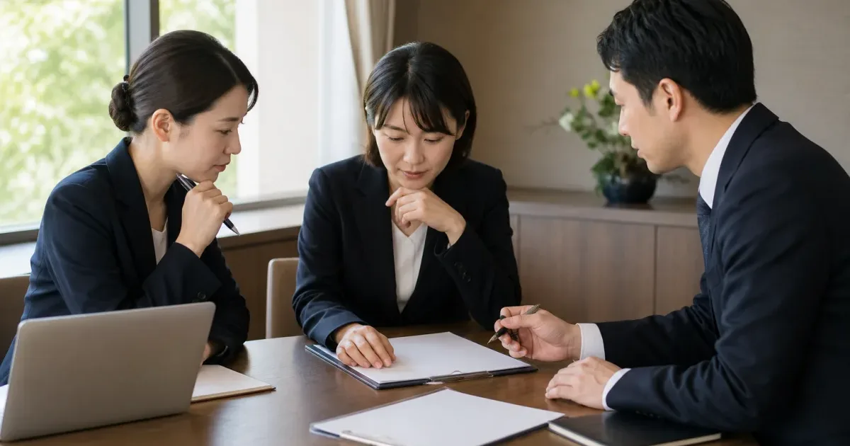 テーブルを囲んで書類を見ながら話し合う3人