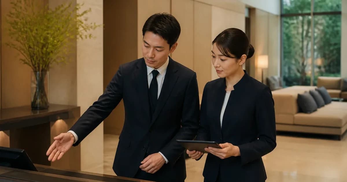 ホテルのロビーでタブレットを手に案内をする2人のフロントスタッフ