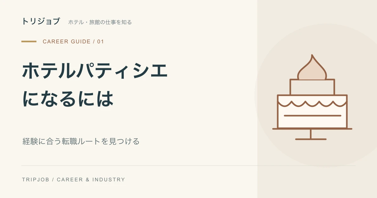 ホテルパティシエになるにはという見出しとケーキのイラスト