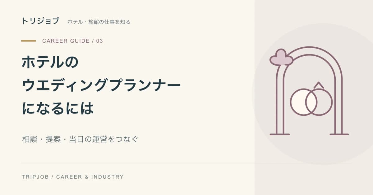 ホテルのウエディングプランナーになるにはという見出しとアーチ・指輪のイラスト