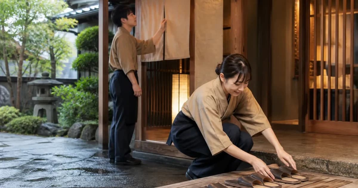 旅館の玄関先で暖簾とスリッパを整えるスタッフ