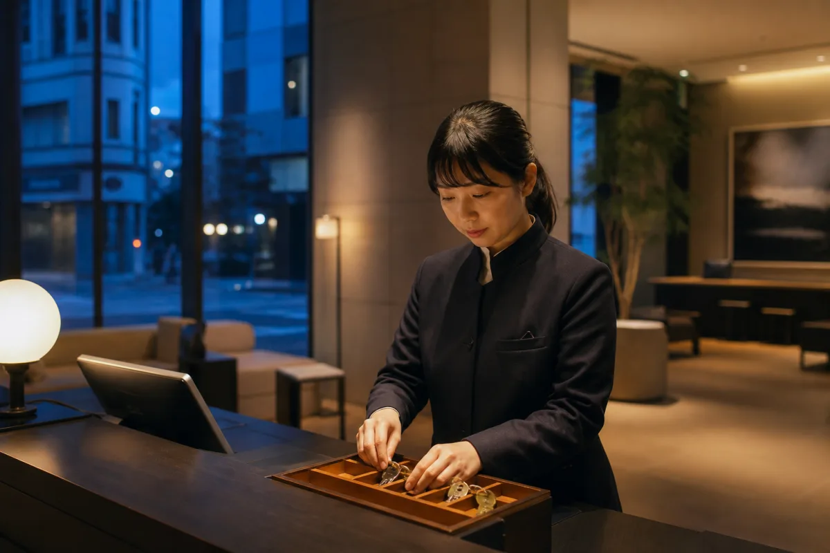 ホテルのフロントでお客様を迎える準備をするスタッフ